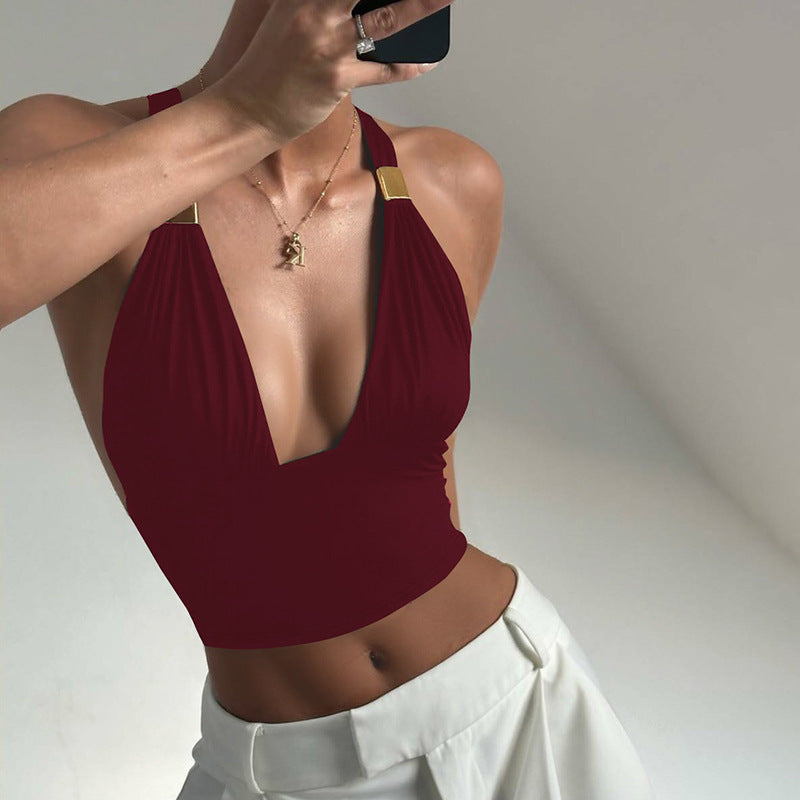 Deep V Metal Decorative Halter Backless Slim Fit Tied Tube Topi