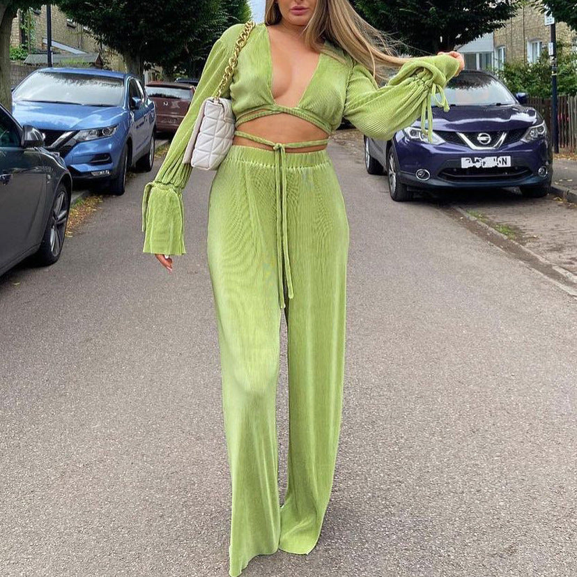 Fashion Retro Long Sleeve Pleated Women&