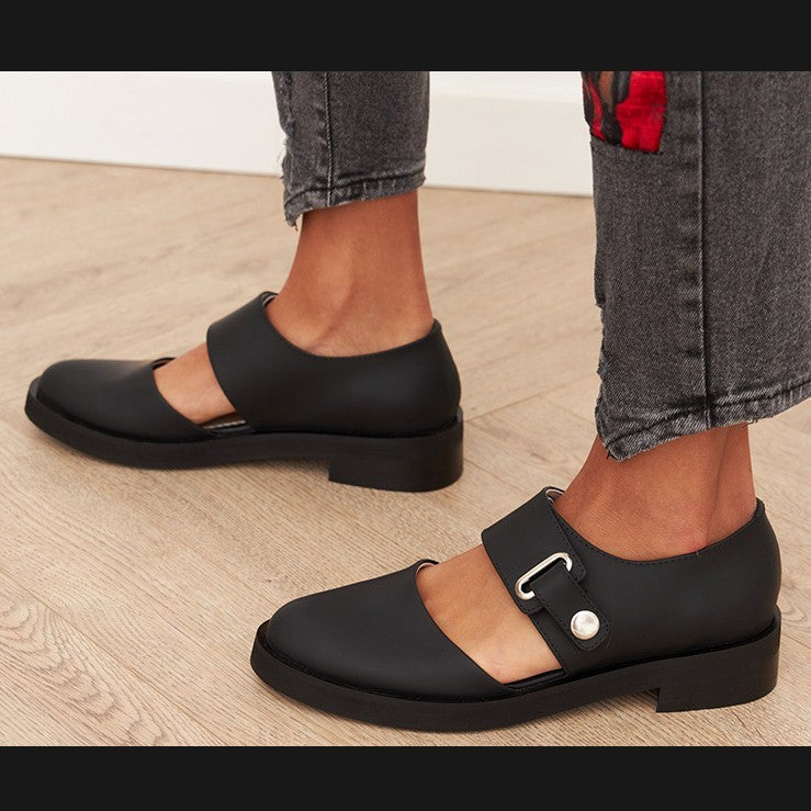 Spring Leisure Low Heel Square Heel Round Head Buckle Oversized Shoes