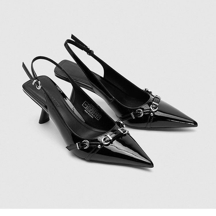 Simple Metal Buckle Pointed Shallow Mouth Stiletto Heel Women&
