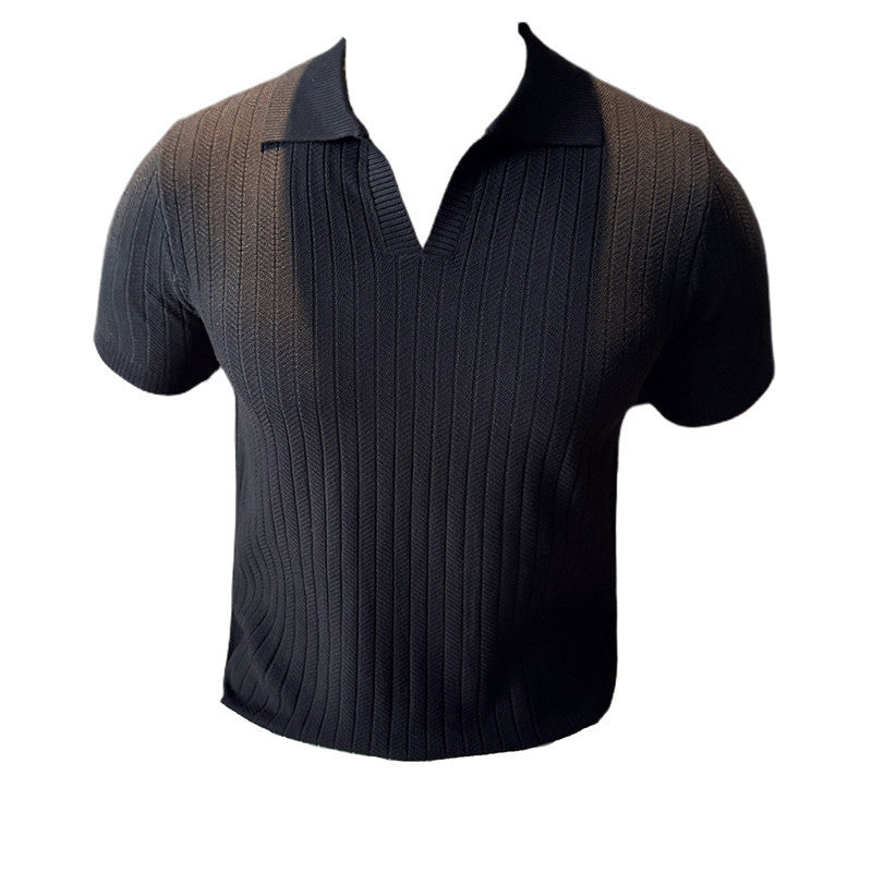 V-neck Knitted Lapel Short-sleeved T-shirt Men&