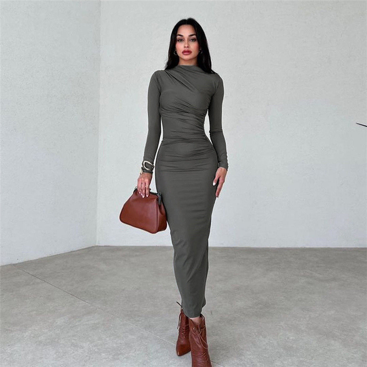 European And American Slim-fit High-grade Pure Color Temperament Long Sheath Dress