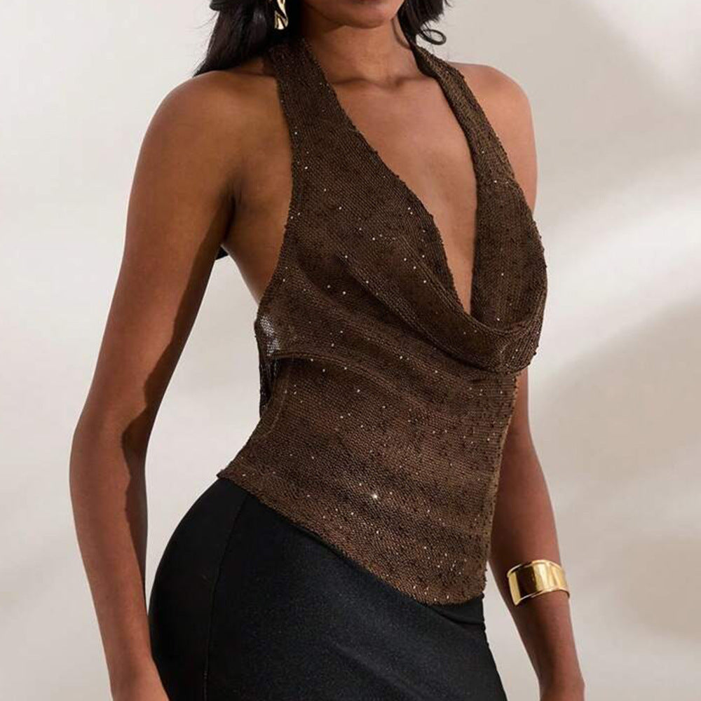 Shiny Deep V Neck Solid Color Vest Fashion Halter Top For Women