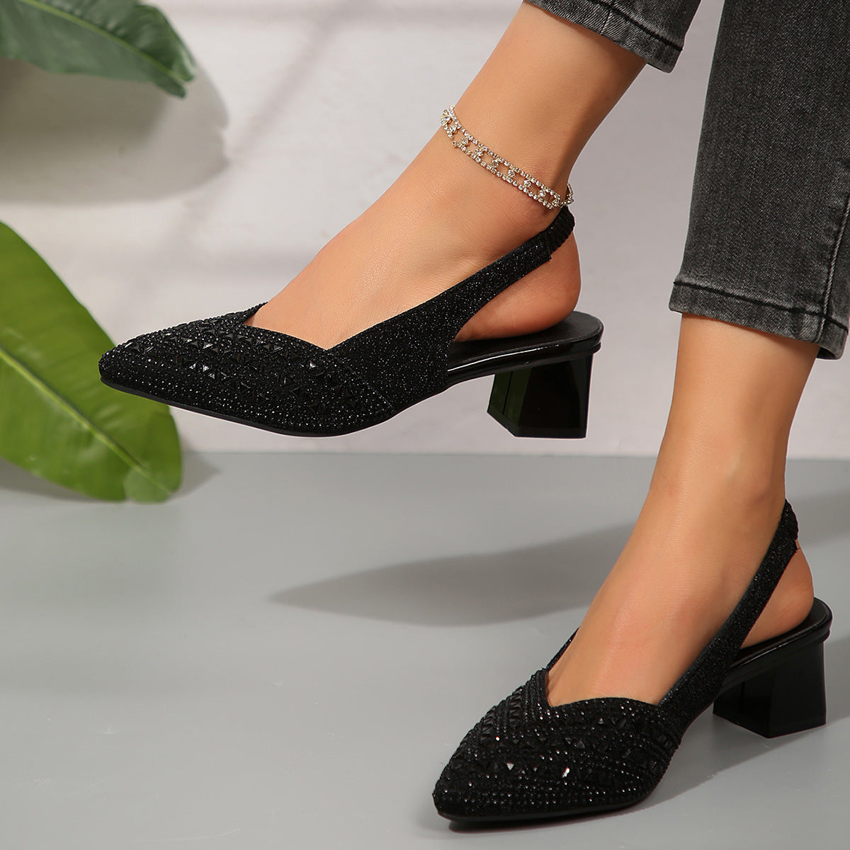 Rhinestone Pointed Toe Low Heel Women&