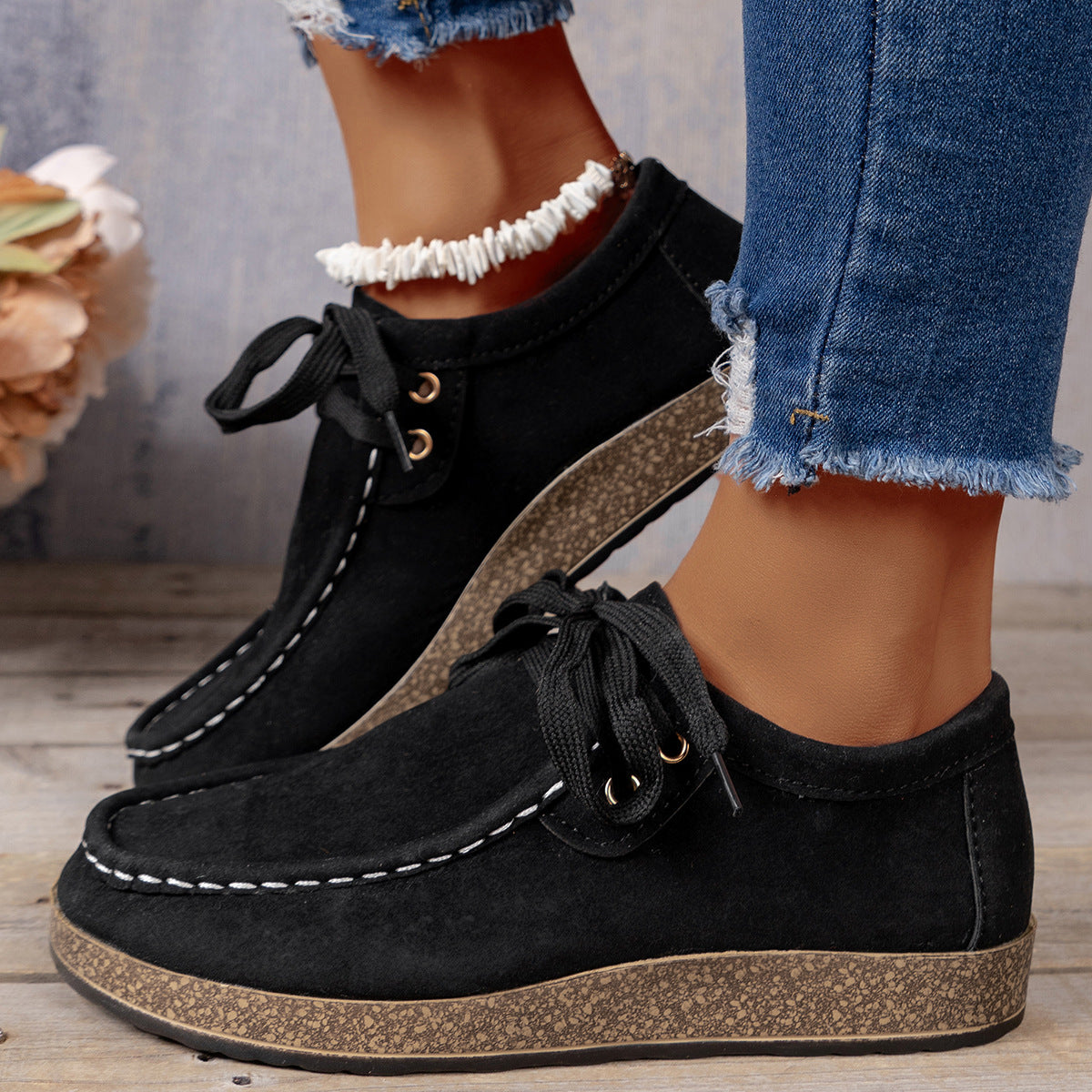 Solid Color Front Lace-up Round Toe Women&