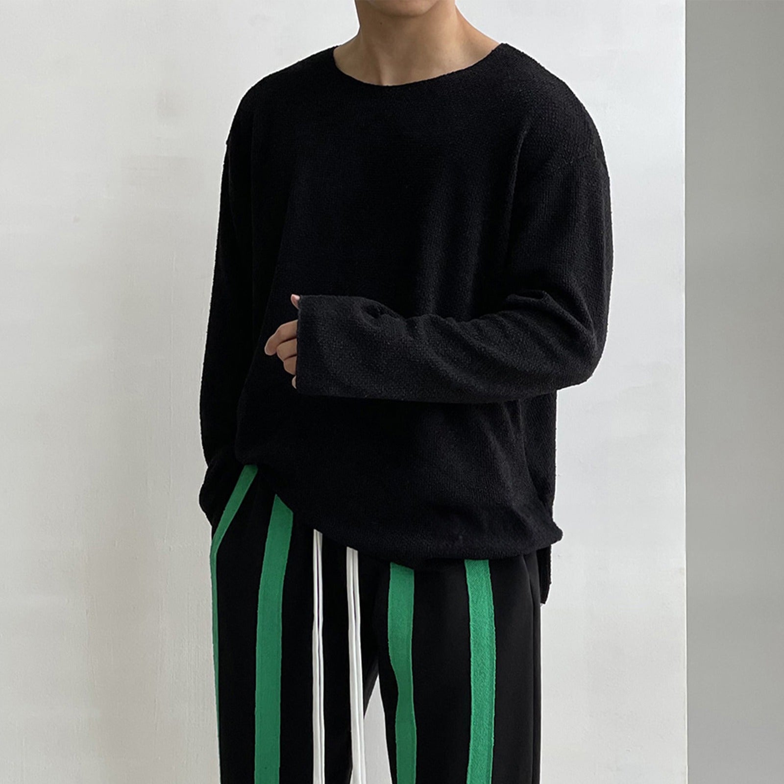 Round Neck Loose Casual White Sweater Long Sleeve Men&