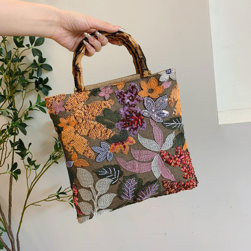 Colorful Sequins Vintage Embroidered Bamboo Handbag