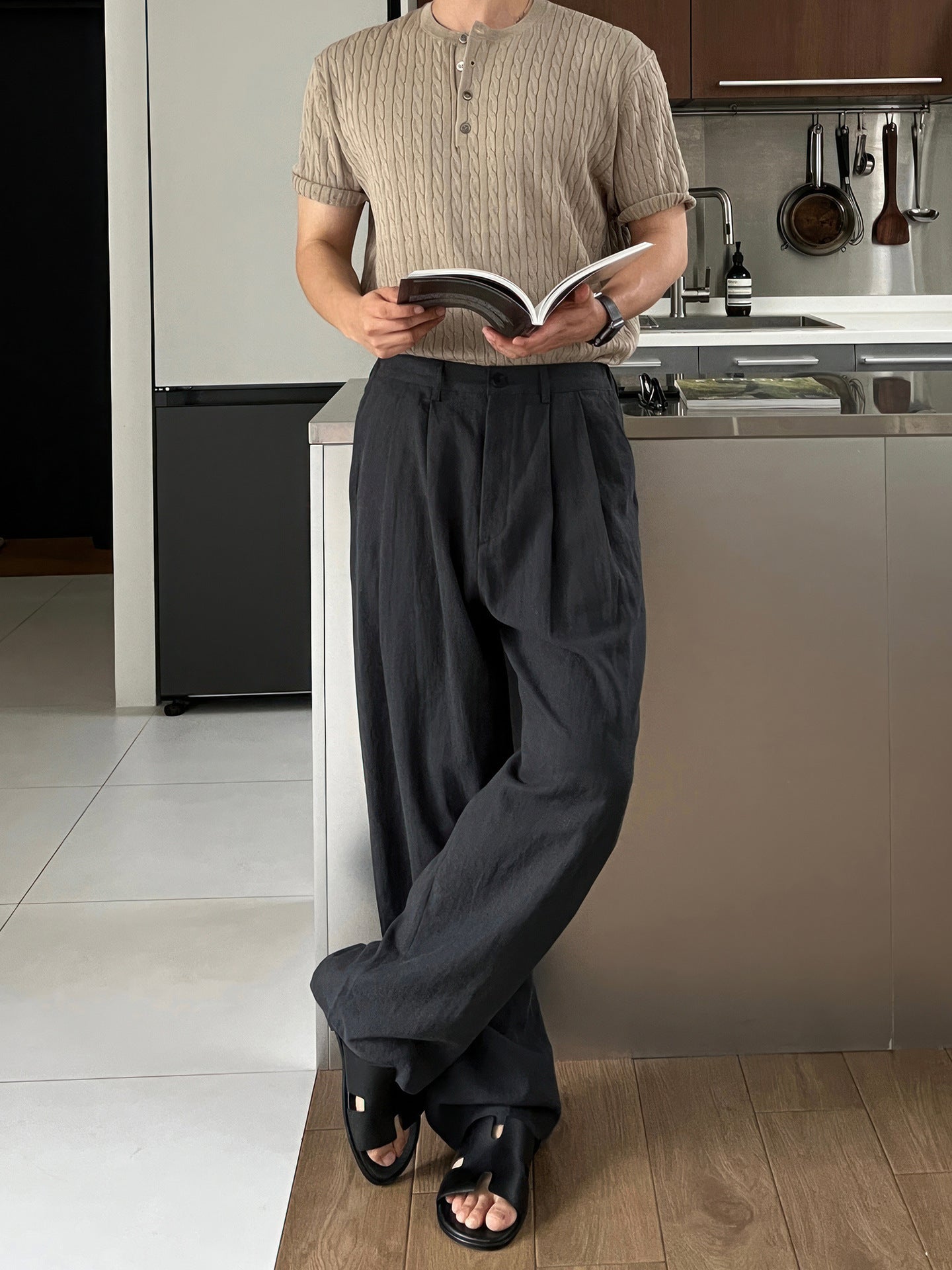 Army Green Linen Leisure Trousers Men&