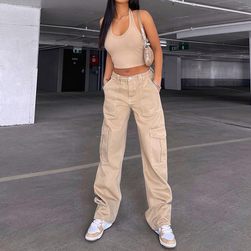 Stylish Multi-pocket Workwear Straight-leg Trousers High Waist Jeans