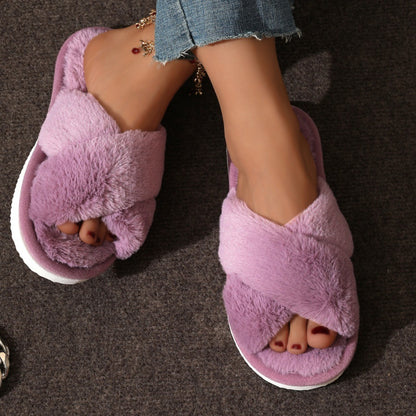 Cross Plush Cotton Slippers Female