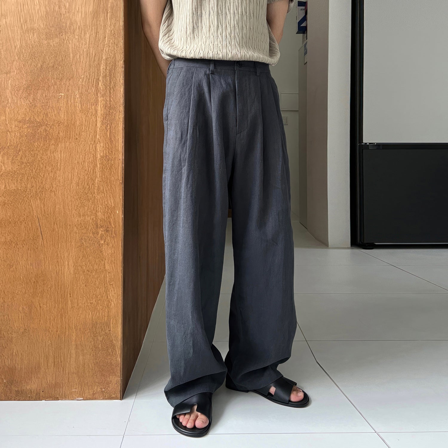 Army Green Linen Leisure Trousers Men&