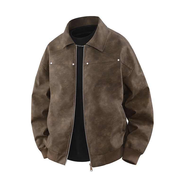 American Retro Brown Lapel Leather Coat