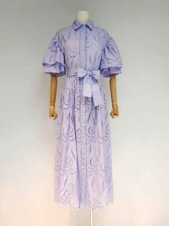 Trumpet Cake Sleeve Short  Embroidery Hollow Dress