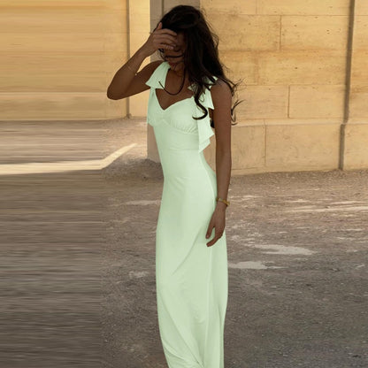 Solid Color Sexy V-neck Lace-up Waist-controlled Dress