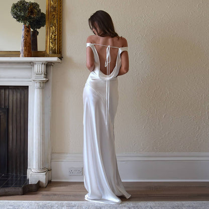 Elegant Pearlescent Backless Dress Lace-up Swing Collar Dress