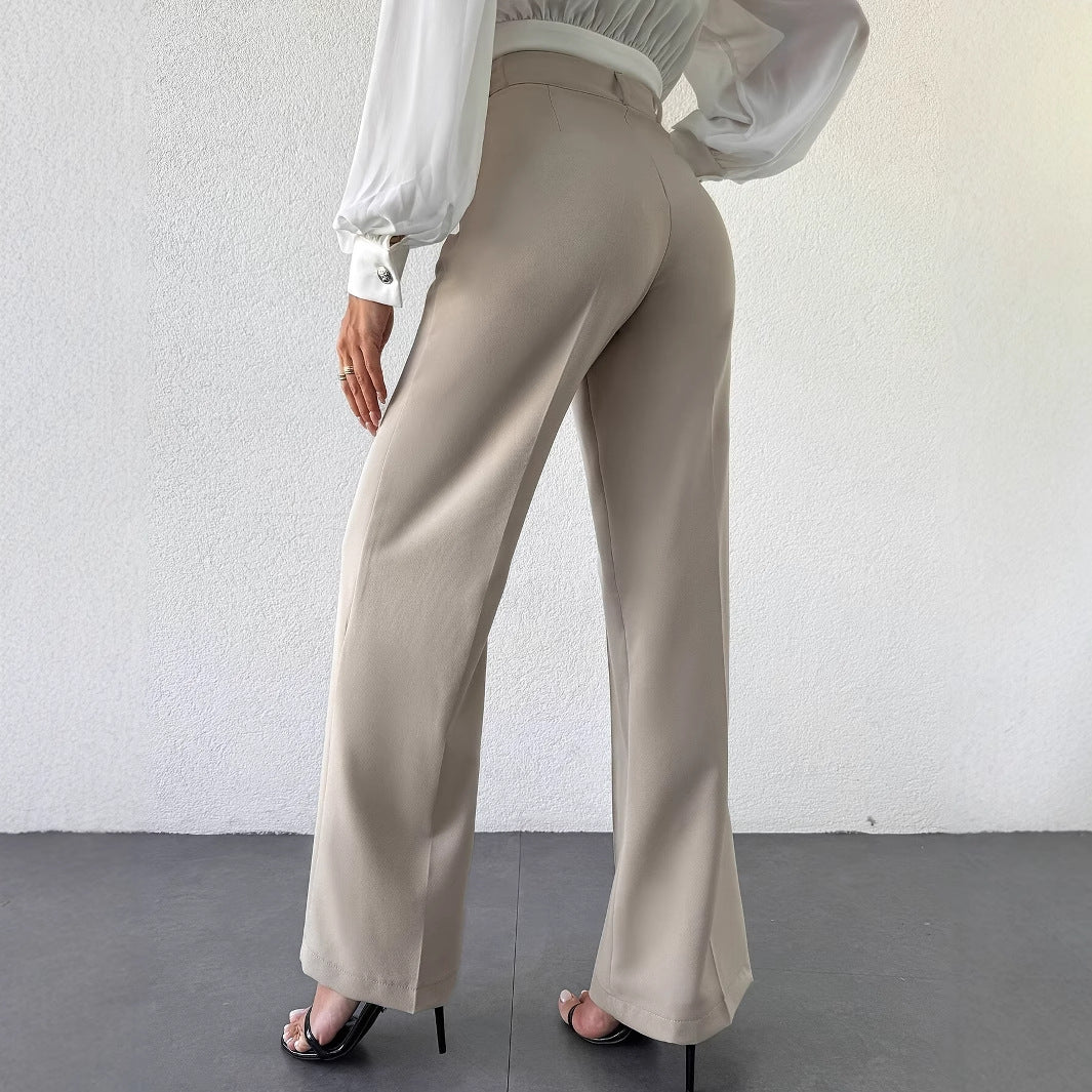 Stylish 2025 New Fashion Temperament High Waist Slimming And Straight Casual Trousers in apricot with side pockets.