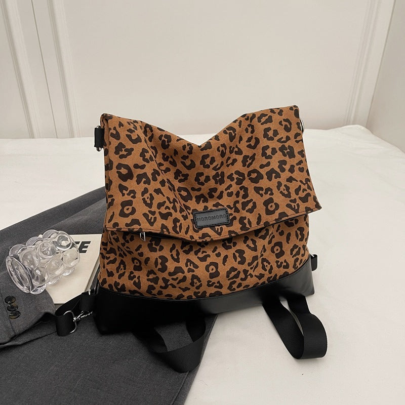 Multi-purpose Casual Fashion Temperament Leopard Print Leather Velvet Backpack Women&