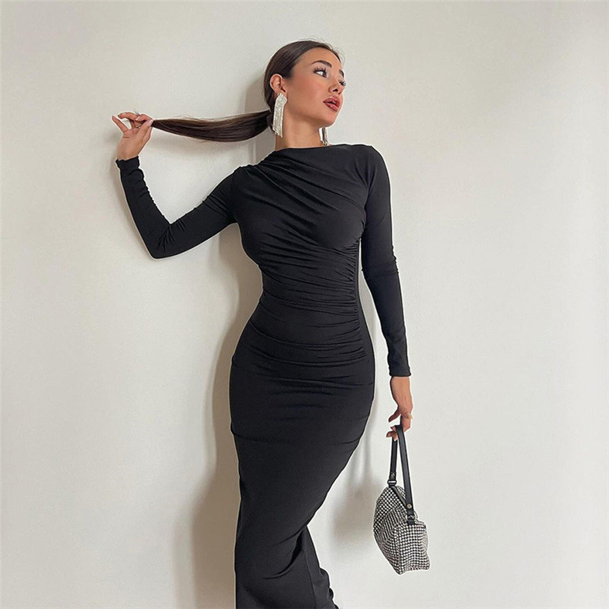 European And American Slim-fit High-grade Pure Color Temperament Long Sheath Dress