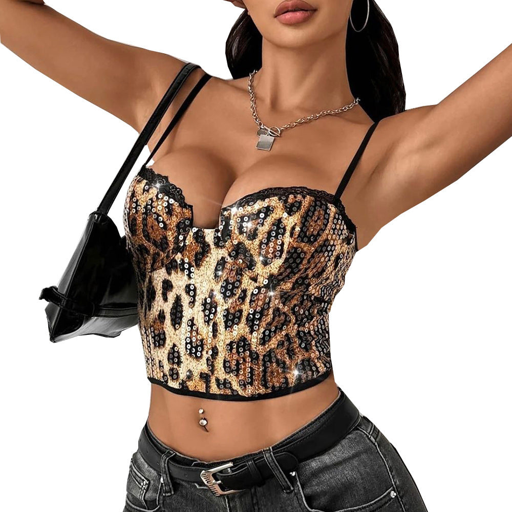 Sequin Leopard Print Adjustable Shoulder Strap Beauty Back Women&
