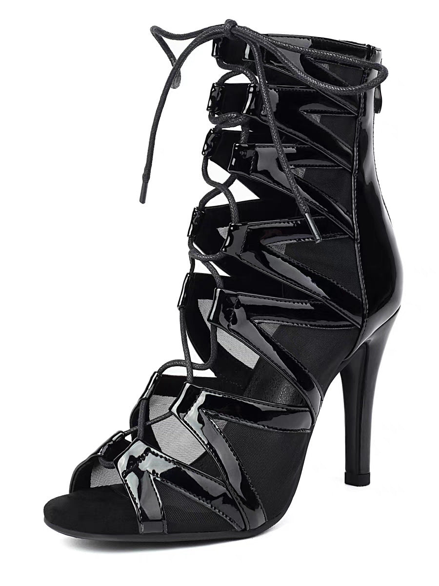 Jazz High Heels Belt Buckle Hollow Mesh Peep Toe Booties