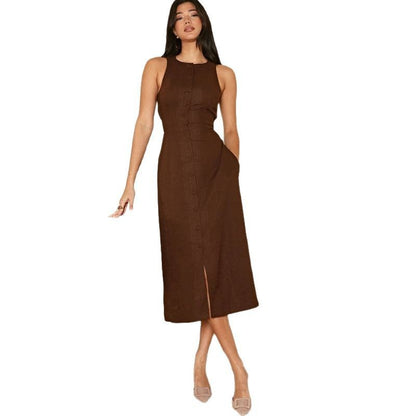 Sleeveless Round Neck Multi-button Strap Casual Dress