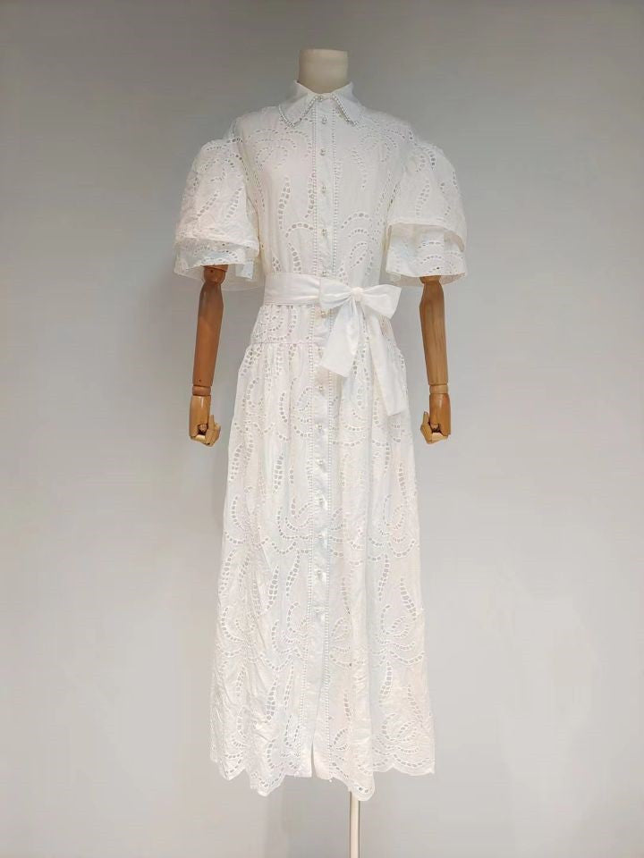 Trumpet Cake Sleeve Short  Embroidery Hollow Dress