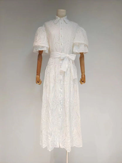 Trumpet Cake Sleeve Short  Embroidery Hollow Dress