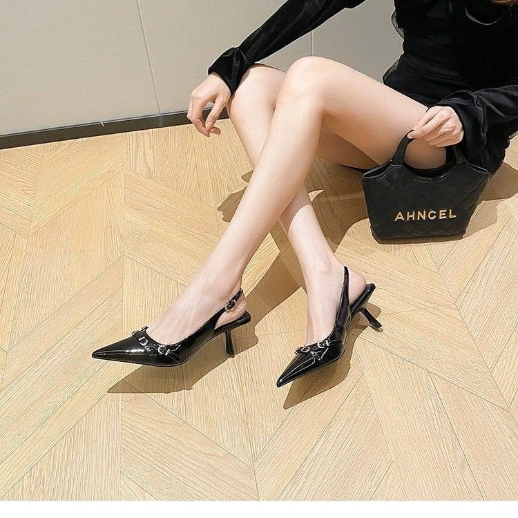 Simple Metal Buckle Pointed Shallow Mouth Stiletto Heel Women&