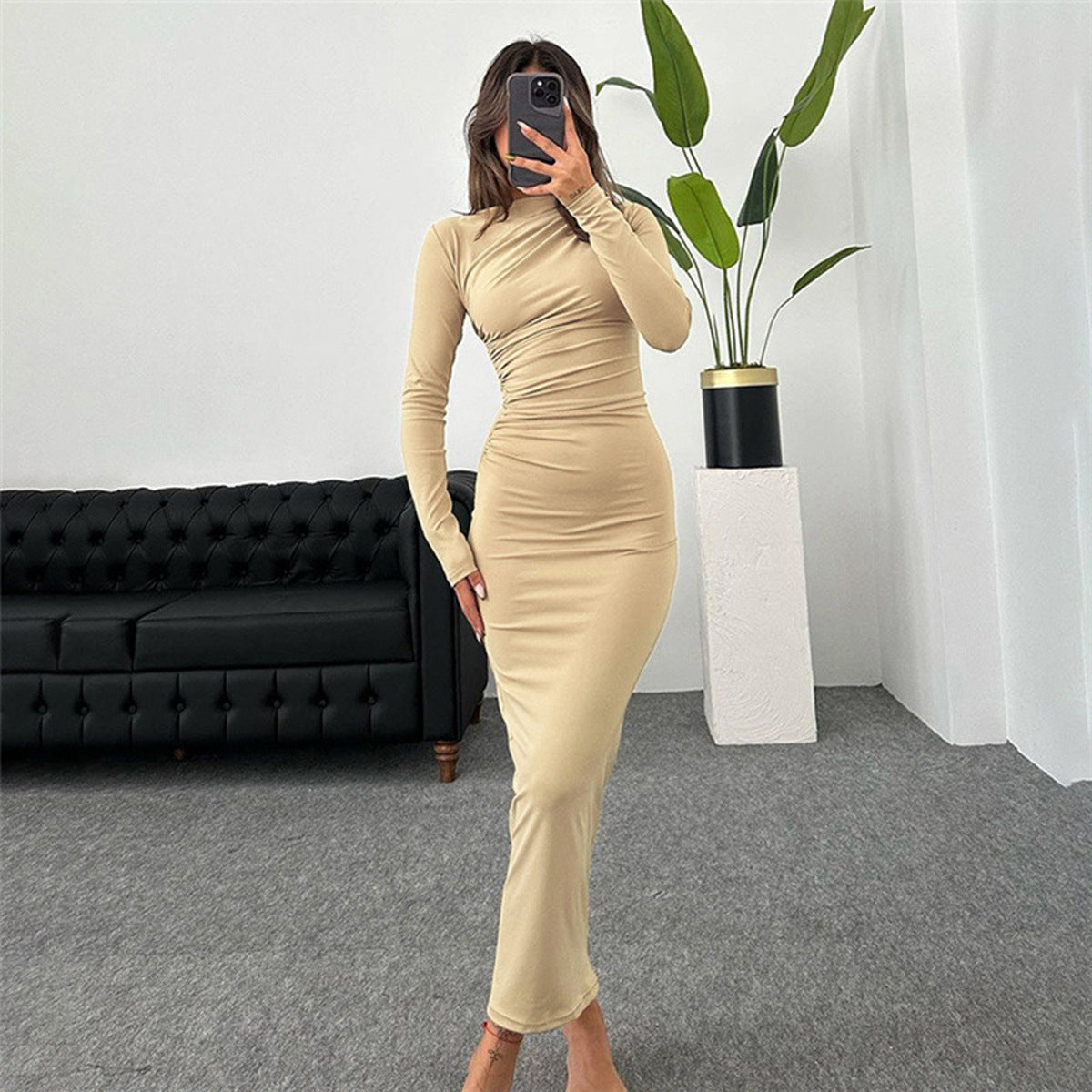 European And American Slim-fit High-grade Pure Color Temperament Long Sheath Dress