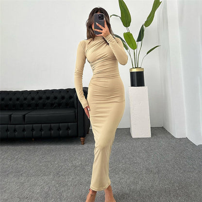 European And American Slim-fit High-grade Pure Color Temperament Long Sheath Dress