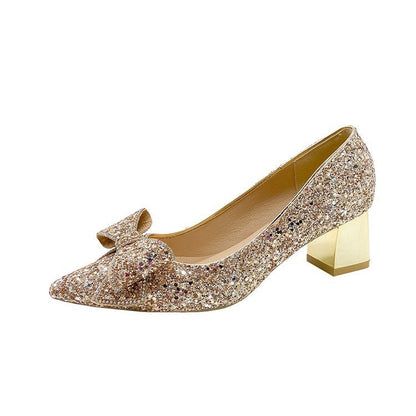 Crystal Sequins Wedding Xiuhe Chunky Heel Pointed-toe Shoes