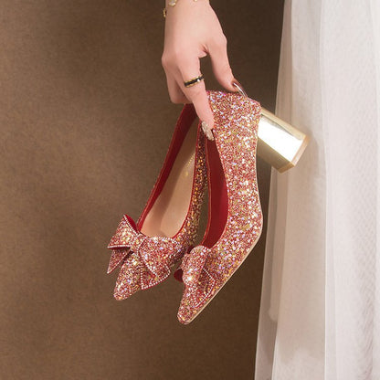 Crystal Sequins Wedding Xiuhe Chunky Heel Pointed-toe Shoes