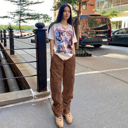 Stylish Multi-pocket Workwear Straight-leg Trousers High Waist Jeans