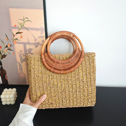 Handmade Rattan Handle Straw Bag Gold Fashion