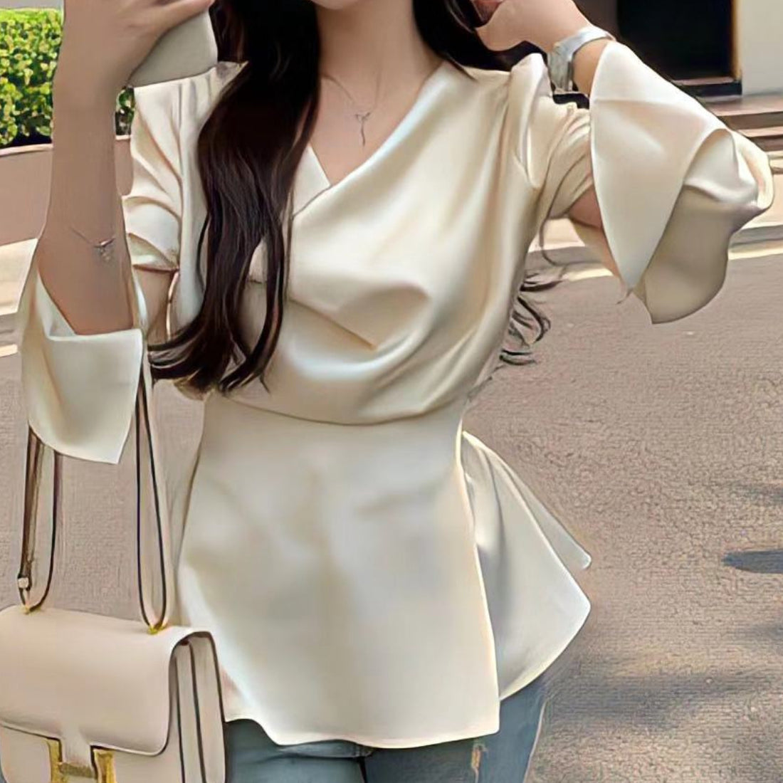 High-end Irregular Bell Sleeve Waist-tight Graceful Satin Long Sleeve Shirt
