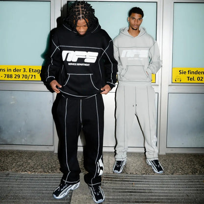 Letter Foaming Line Stitching Hooded Pullover Men&