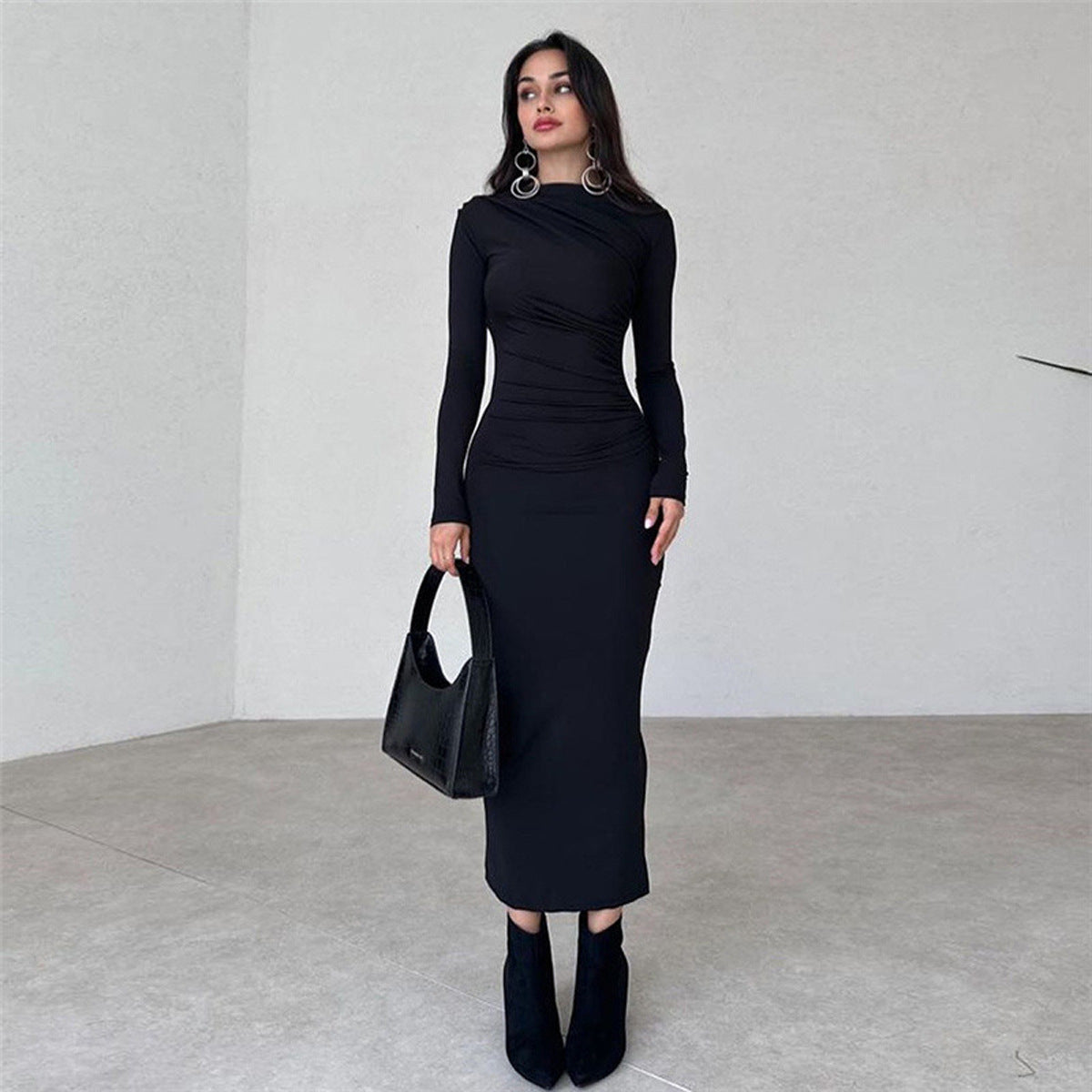 European And American Slim-fit High-grade Pure Color Temperament Long Sheath Dress