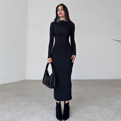 European And American Slim-fit High-grade Pure Color Temperament Long Sheath Dress