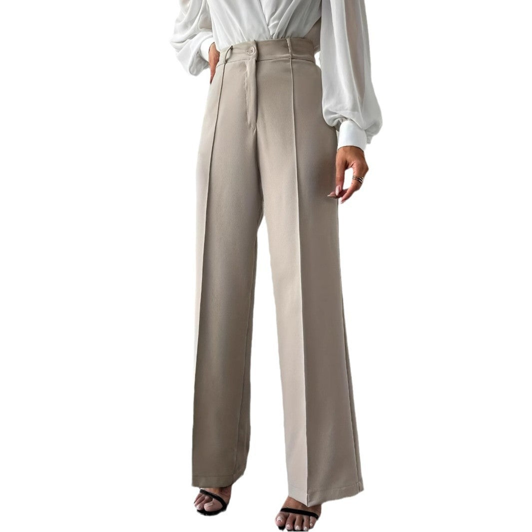 Elevate your style with 2025 New Fashion Temperament High Waist Slimming And Straight Casual Trousers with side pockets.