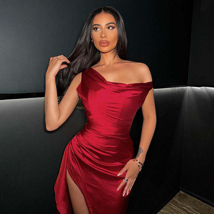 Fashion Satin Slit Dress Women&