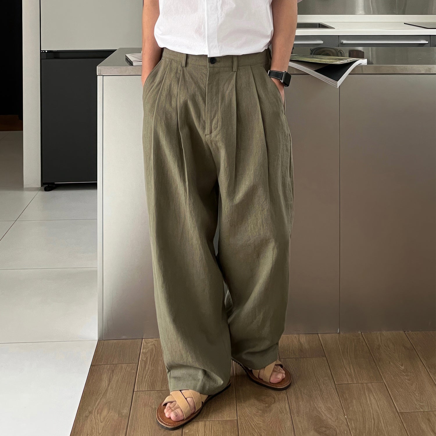 Army Green Linen Leisure Trousers Men&