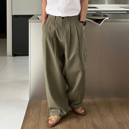 Army Green Linen Leisure Trousers Men&