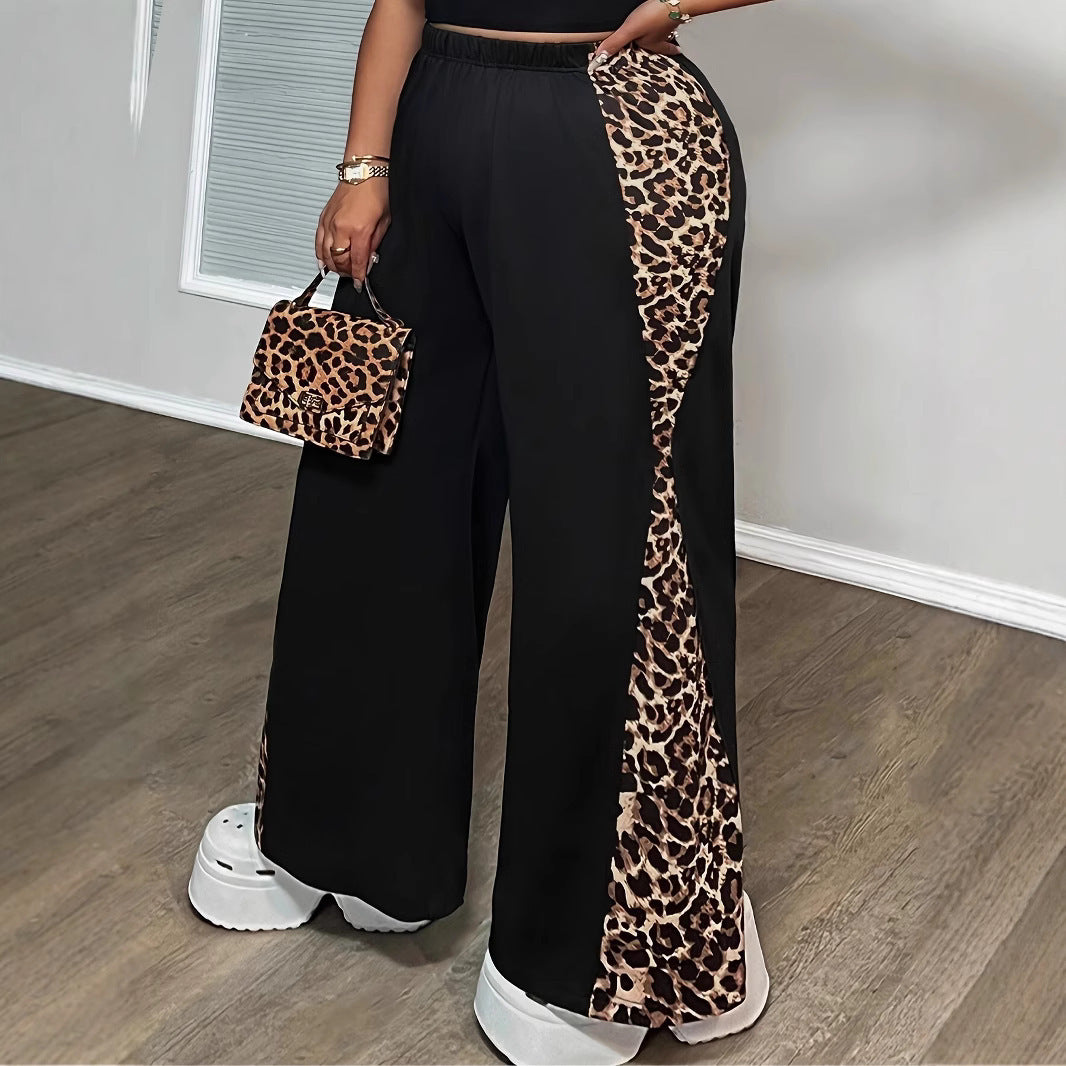 Black Loose Leopard Print Fashionable Wide-leg Pants Plus Size Women&