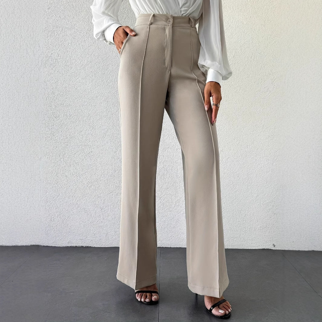Stylish 2025 New Fashion Temperament High Waist Slimming And Straight Casual Trousers with side pockets in apricot.