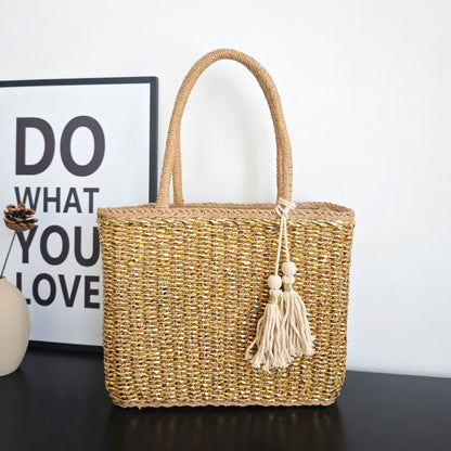 Handmade Rattan Handle Straw Bag Gold Fashion