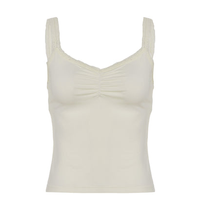 Lace Stitching Pleated Spaghetti Strap Tank Top