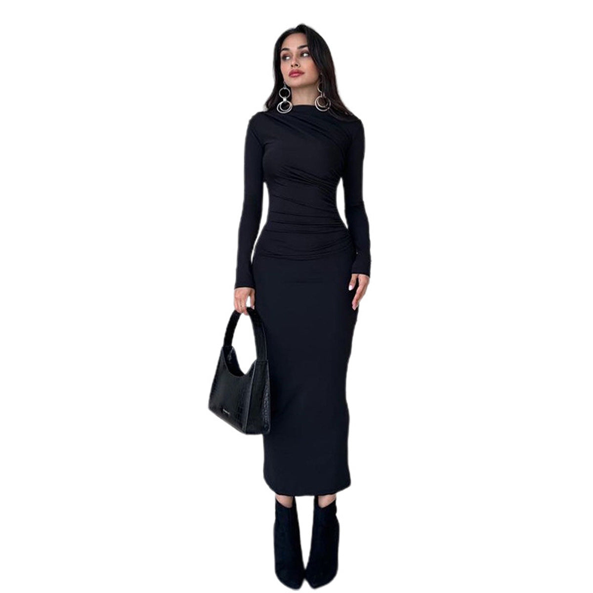 European And American Slim-fit High-grade Pure Color Temperament Long Sheath Dress
