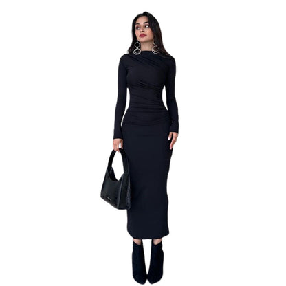 European And American Slim-fit High-grade Pure Color Temperament Long Sheath Dress