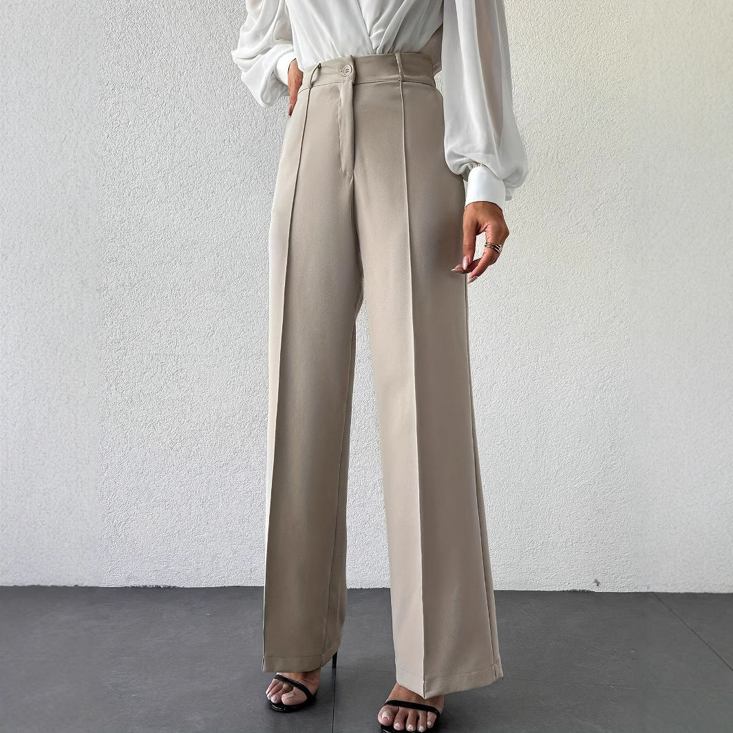 Stylish 2025 New Fashion Temperament High Waist Slimming And Straight Casual Trousers with side pockets in apricot.