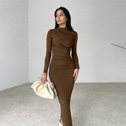 European And American Slim-fit High-grade Pure Color Temperament Long Sheath Dress